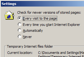 Internet Explorer set to check for a newer version of a page on every visit