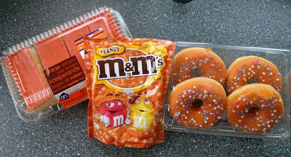 Orange custard slices, orange donuts, orange peanut M&Ms.