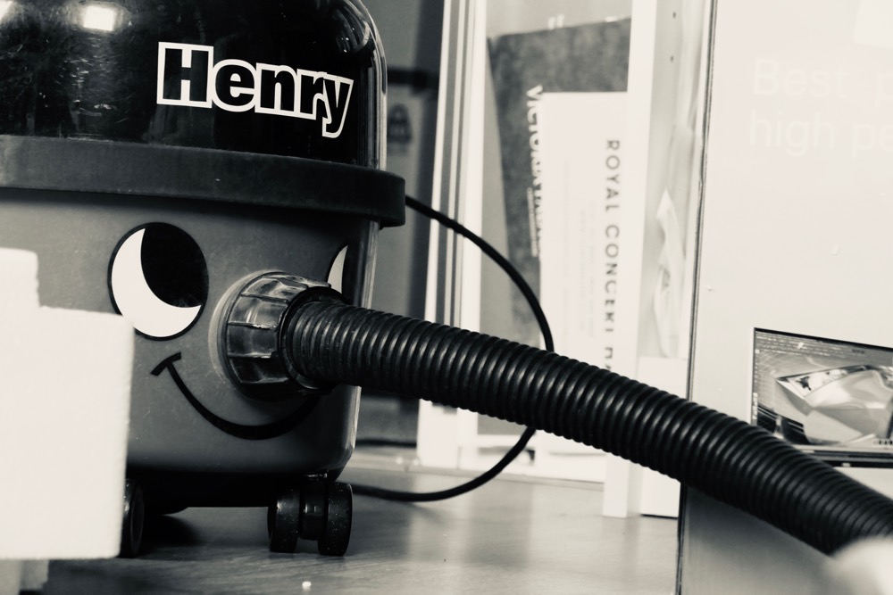 Close-up of a Henry vaccum cleaner in black and white