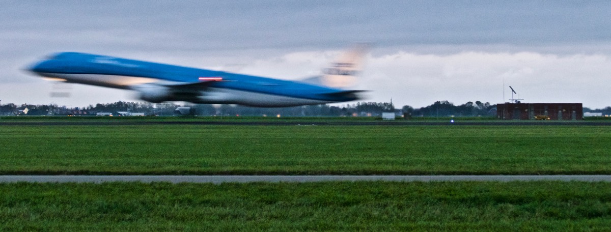 KLM plane taking off from the Polderbaan runway at Schiphol