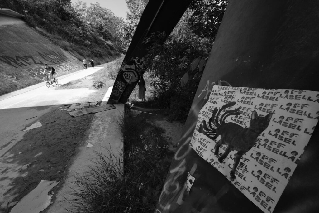 The metal feet of a bridge spear the ground on the right-hand side of the frame. Affixed to the closest one, slightly distorted by the wide-angle lens, is a white poster of a black nine-tailed cat with the text "off-label" printed behind it. On the left side of the frame, a man is cycling on a brightly sun-lit cycle path.